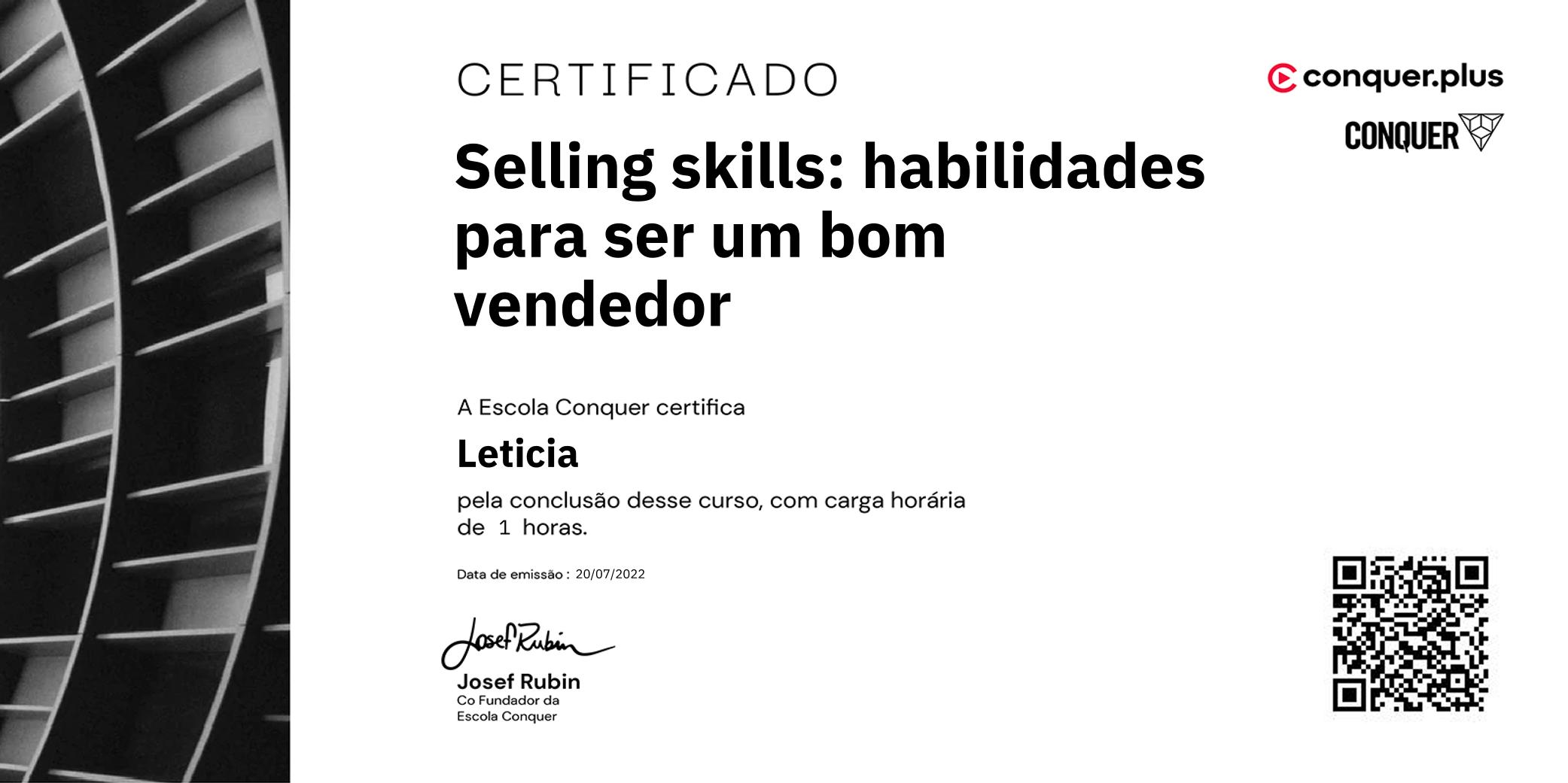 Certificado de Selling skills: habilidades para ser um bom vendedor